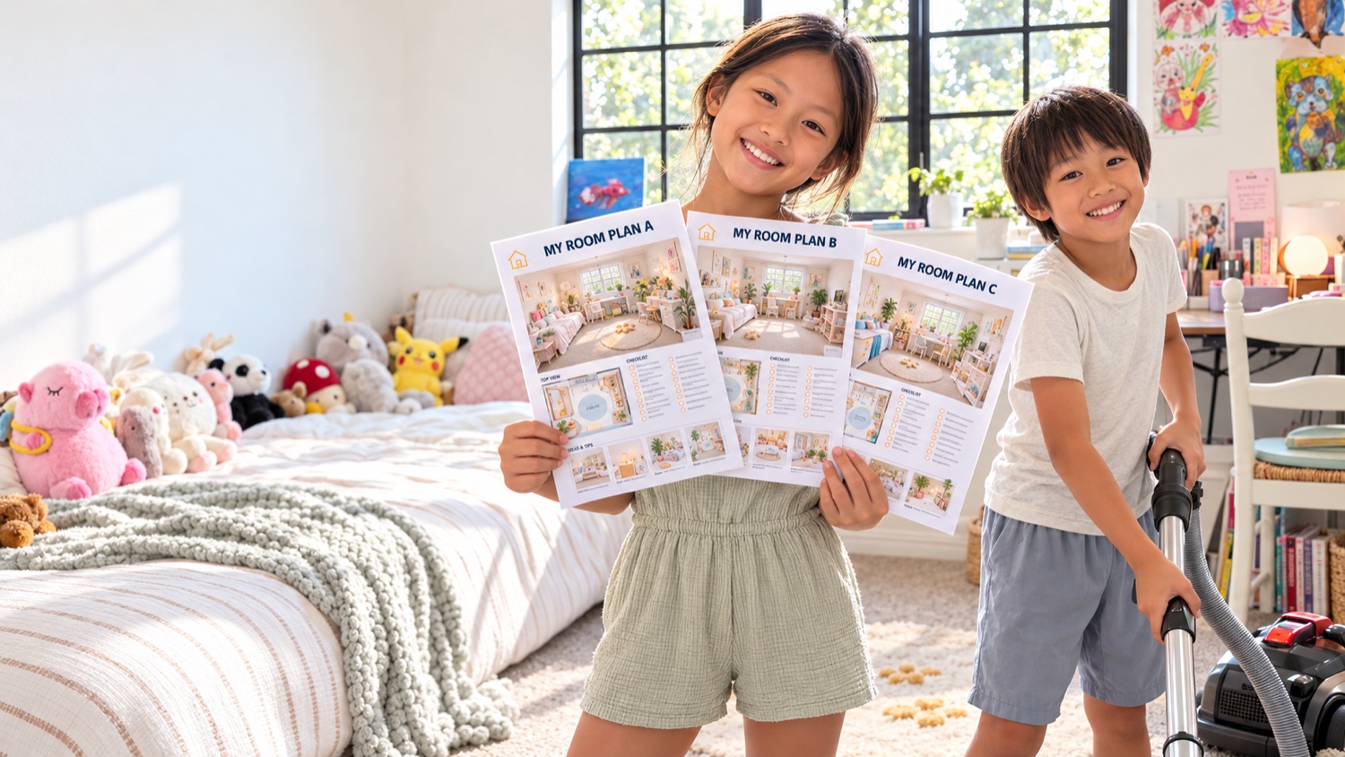 A happy child holding their printed room plans while another tidies the room