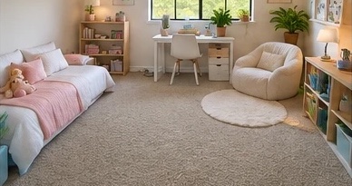 The same room, clean and organized